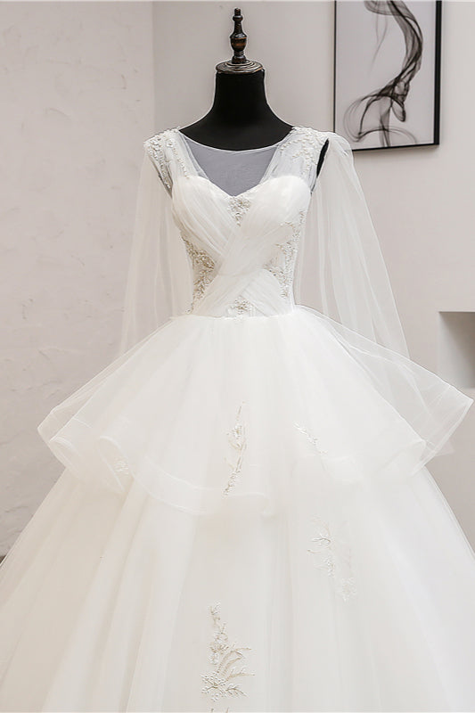 Gorgeous Jewel Sleeveless White Wedding Dress Tulle Appliques Bridal Gowns Online-27dress