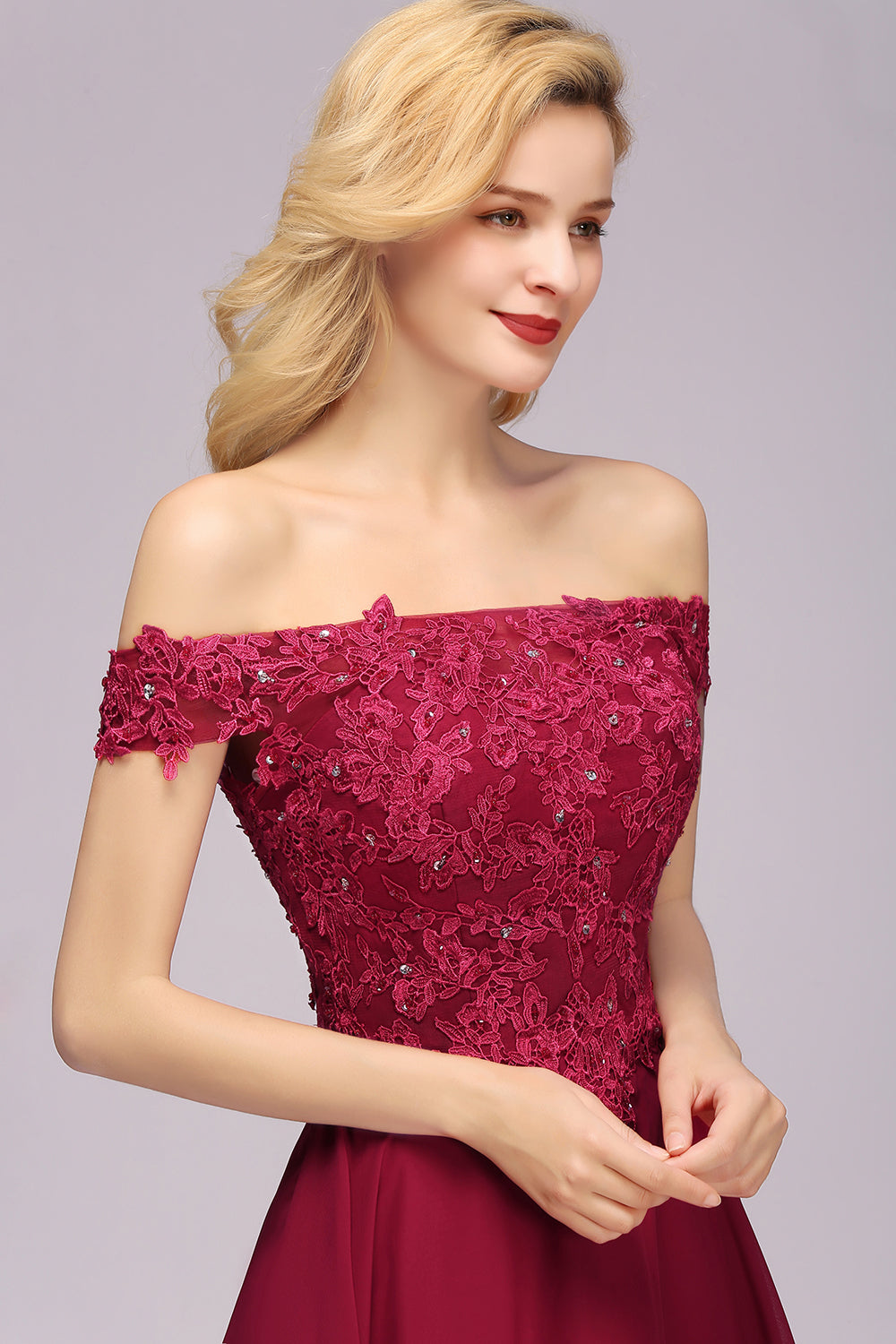Gorgeous Lace Off-the-shoulder Short Burgundy Bridesmaid Dresses
