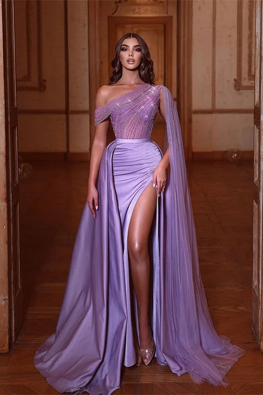 Gorgeous Lilac One Shoulder Pleated Long Split Prom Dress with Beadings