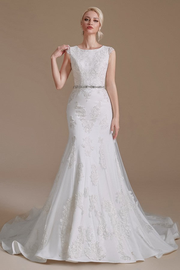 Gorgeous Long Mermaid Jewel Tulle Lace Wedding Dress-27dress
