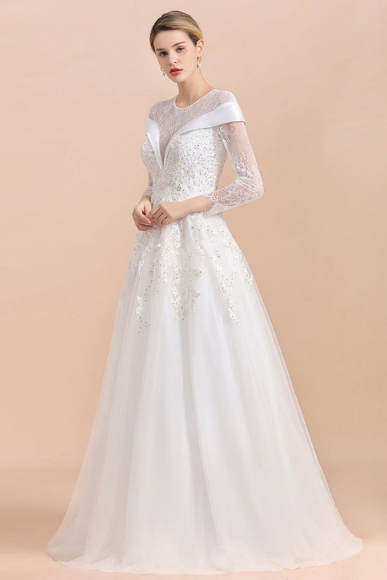 Gorgeous Long Sleeve Lace Wedding Dress Online Appliques Bridal Gowns With Beadings-27dress