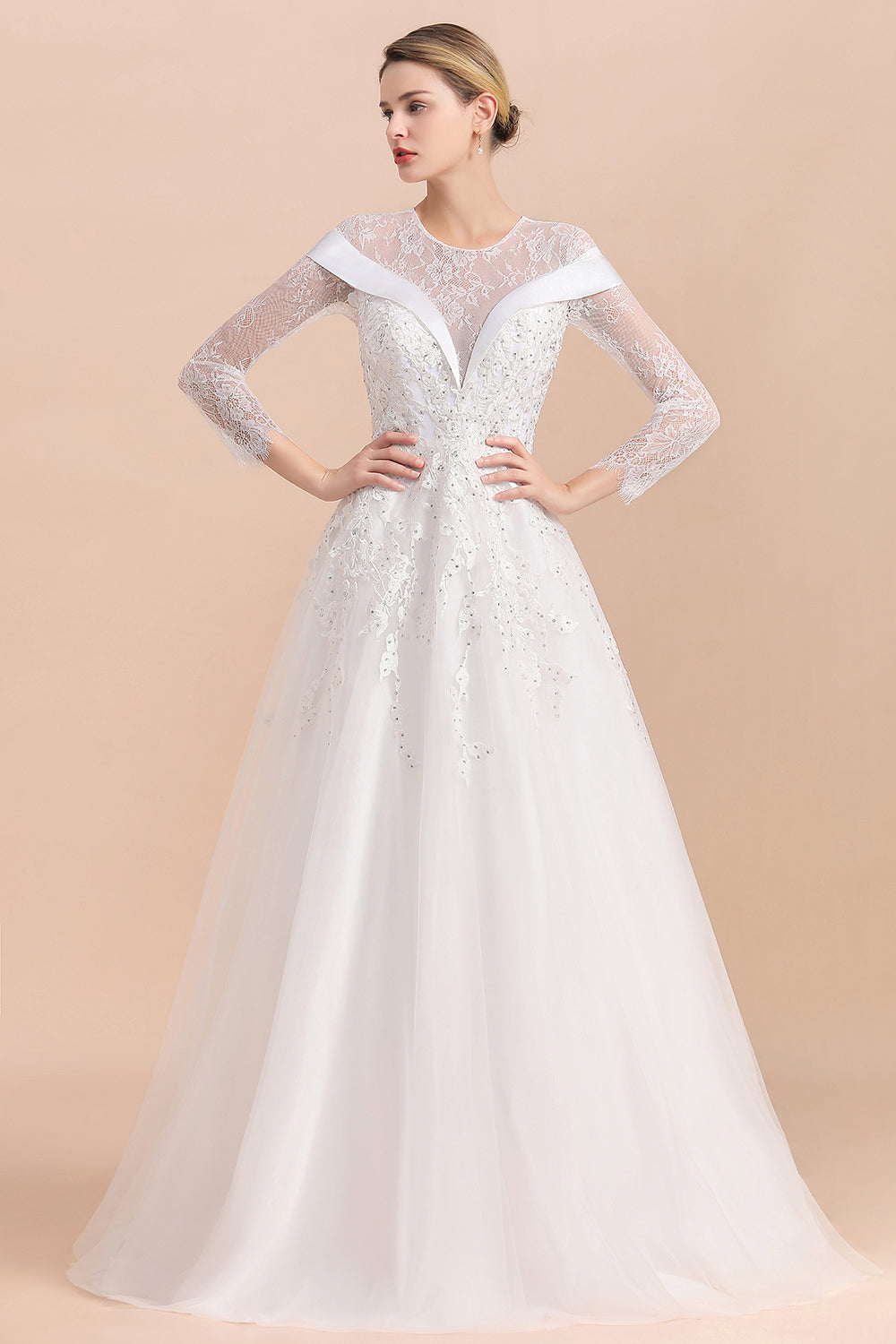 Gorgeous Long Sleeve Lace Wedding Dress Online Appliques Bridal Gowns With Beadings-27dress