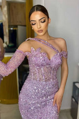 Gorgeous Long Sleeves One Shoulder Lavender Prom Dress Mermaid With Sequins