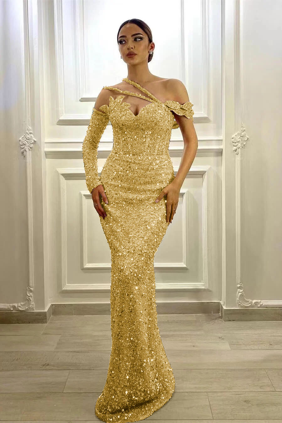 Gorgeous Long Sleeves One Shoulder Lavender Prom Dress Mermaid With Sequins