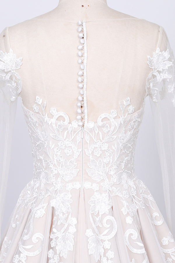 Gorgeous Longsleeves Jewel A-line Wedding Dresses White Appliques Lace Bridal Gowns On Sale-27dress
