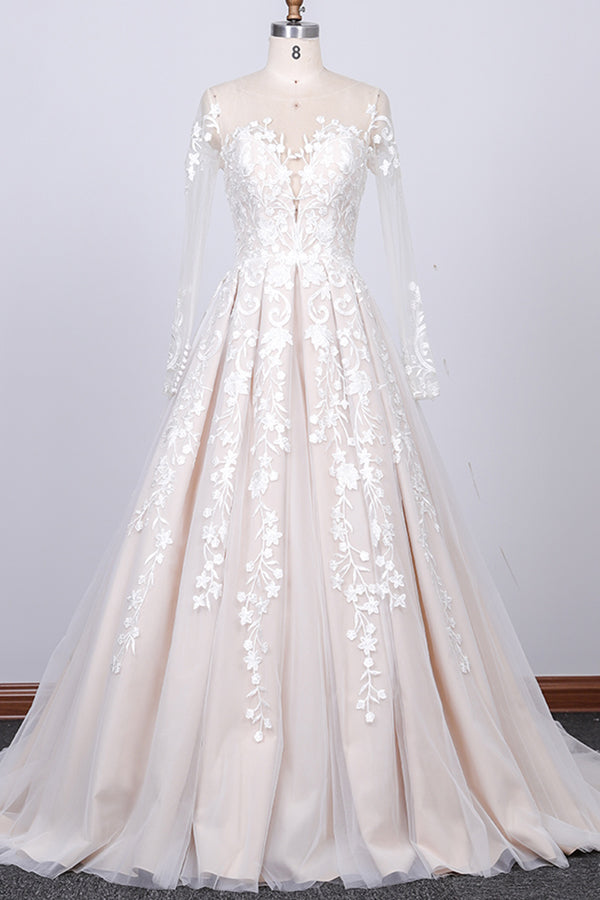 Gorgeous Longsleeves Jewel A-line Wedding Dresses White Appliques Lace Bridal Gowns On Sale-27dress