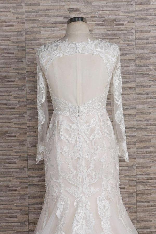 Gorgeous Longsleeves V-neck Mermaid Wedding Dresses White Lace Bridal Gowns With Appliques On Sale-27dress