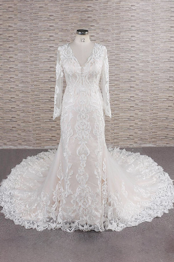 Load image into Gallery viewer, Gorgeous Longsleeves V-neck Mermaid Wedding Dresses White Lace Bridal Gowns With Appliques On Sale-27dress
