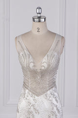 Gorgeous Mermaid V-Neck Tulle Wedding Dress Sequined Bedaings Sleeveless Bridal Gowns On Sale-27dress