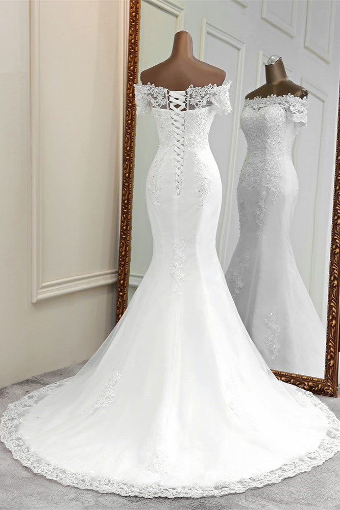 Gorgeous Off-the-Shoulder Lace Mermaid Wedding Dresses Short Sleeves Rhinestons Bridal Gowns-27dress