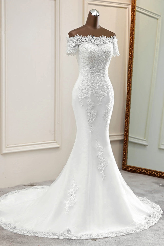 Gorgeous Off-the-Shoulder Lace Mermaid Wedding Dresses Short Sleeves Rhinestons Bridal Gowns-27dress