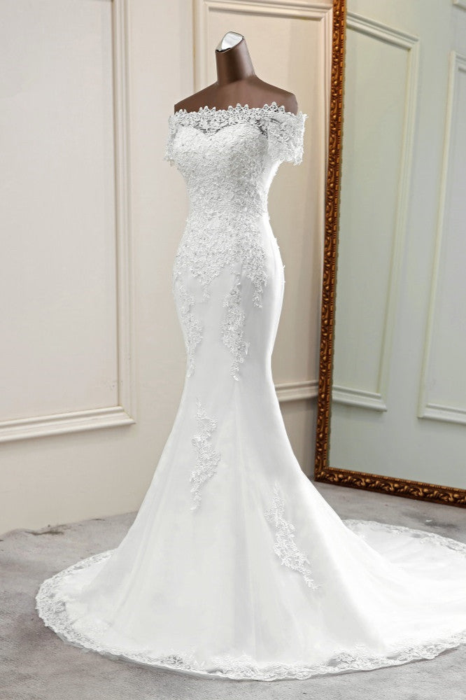 Gorgeous Off-the-Shoulder Lace Mermaid Wedding Dresses Short Sleeves Rhinestons Bridal Gowns-27dress