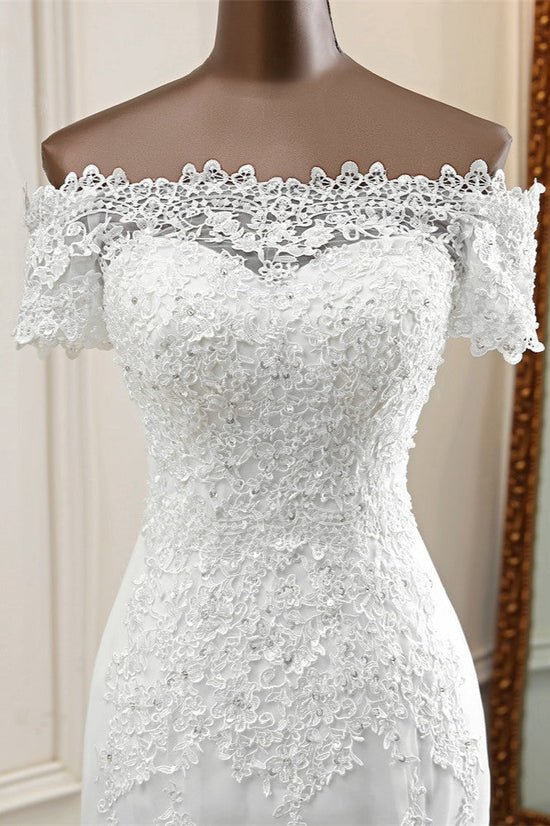 Gorgeous Off-the-Shoulder Lace Mermaid Wedding Dresses Short Sleeves Rhinestons Bridal Gowns-27dress