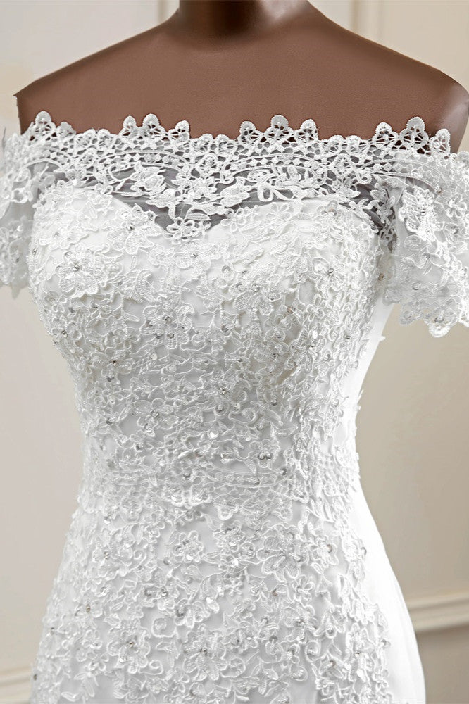 Gorgeous Off-the-Shoulder Lace Mermaid Wedding Dresses Short Sleeves Rhinestons Bridal Gowns-27dress