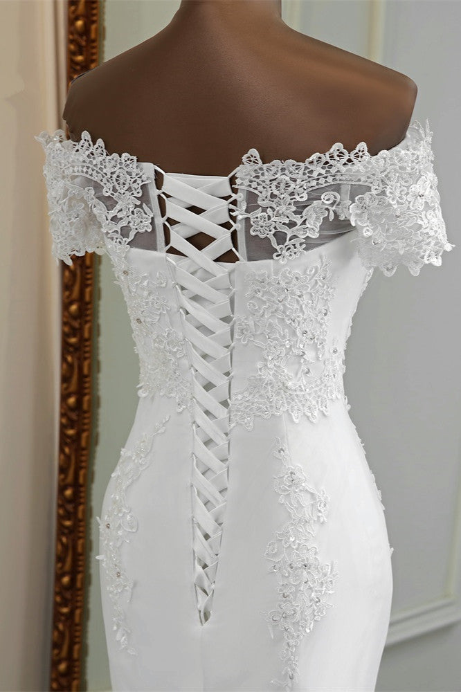 Gorgeous Off-the-Shoulder Lace Mermaid Wedding Dresses Short Sleeves Rhinestons Bridal Gowns-27dress