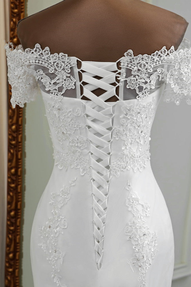 Gorgeous Off-the-Shoulder Lace Mermaid Wedding Dresses Short Sleeves Rhinestons Bridal Gowns-27dress