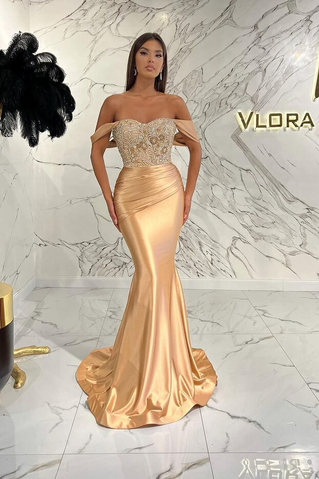 Gorgeous Off the Shoulder Mermaid Sequins Prom Dress With Beading Pleated