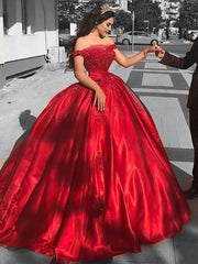 Gorgeous Off-the-Shoulder Satin Ball Gown Wedding Dress with Appliques and Lace