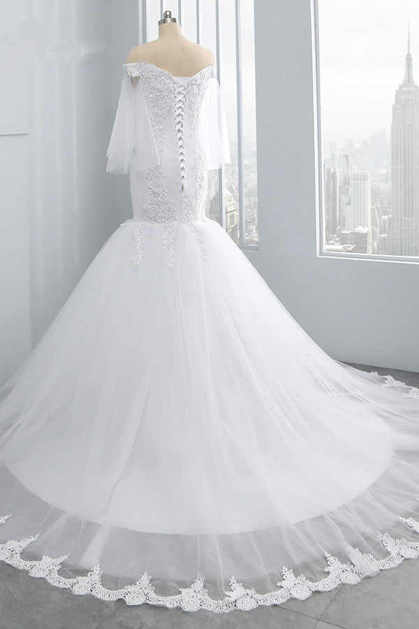 Load image into Gallery viewer, Gorgeous Off-the-Shoulder Sweetheart Tulle Wedding Dress White Mermaid Lace Appliques Bridal Gowns Online-27dress
