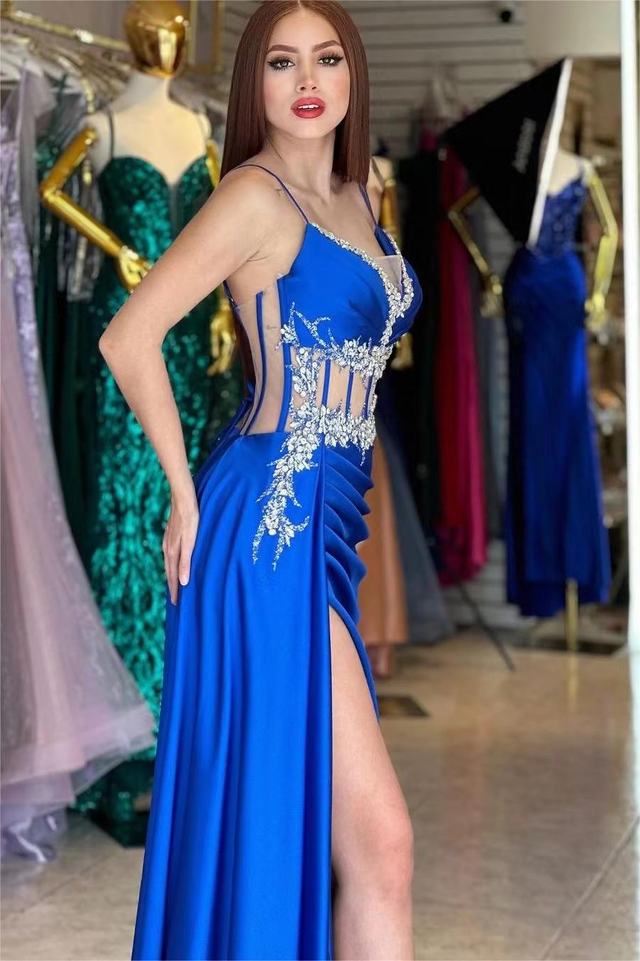 Gorgeous Royal Blue Spaghetti Strap Sleeveless Mermaid Long Split Prom Dress With Beading