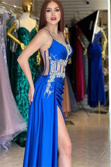 Gorgeous Royal Blue Spaghetti Strap Sleeveless Mermaid Long Split Prom Dress With Beading
