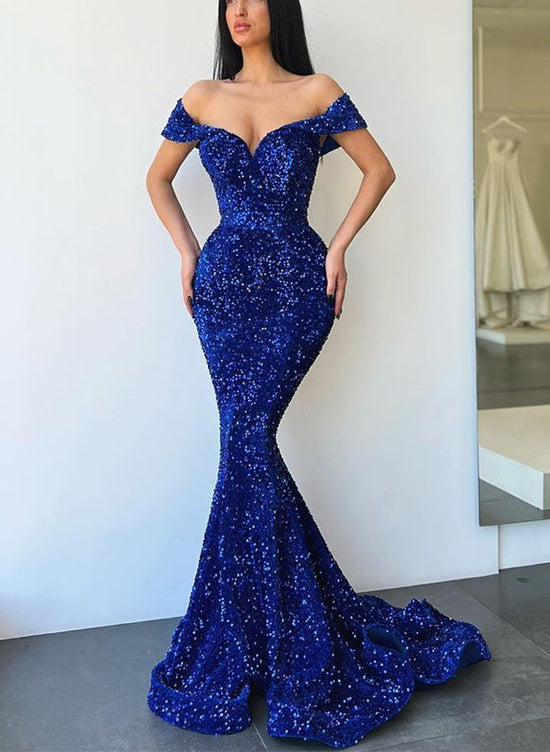 Load image into Gallery viewer, Gorgeous Sequin Sparkly Trumpet/Mermaid Off-The-Shoulder Prom Dresses-27dress
