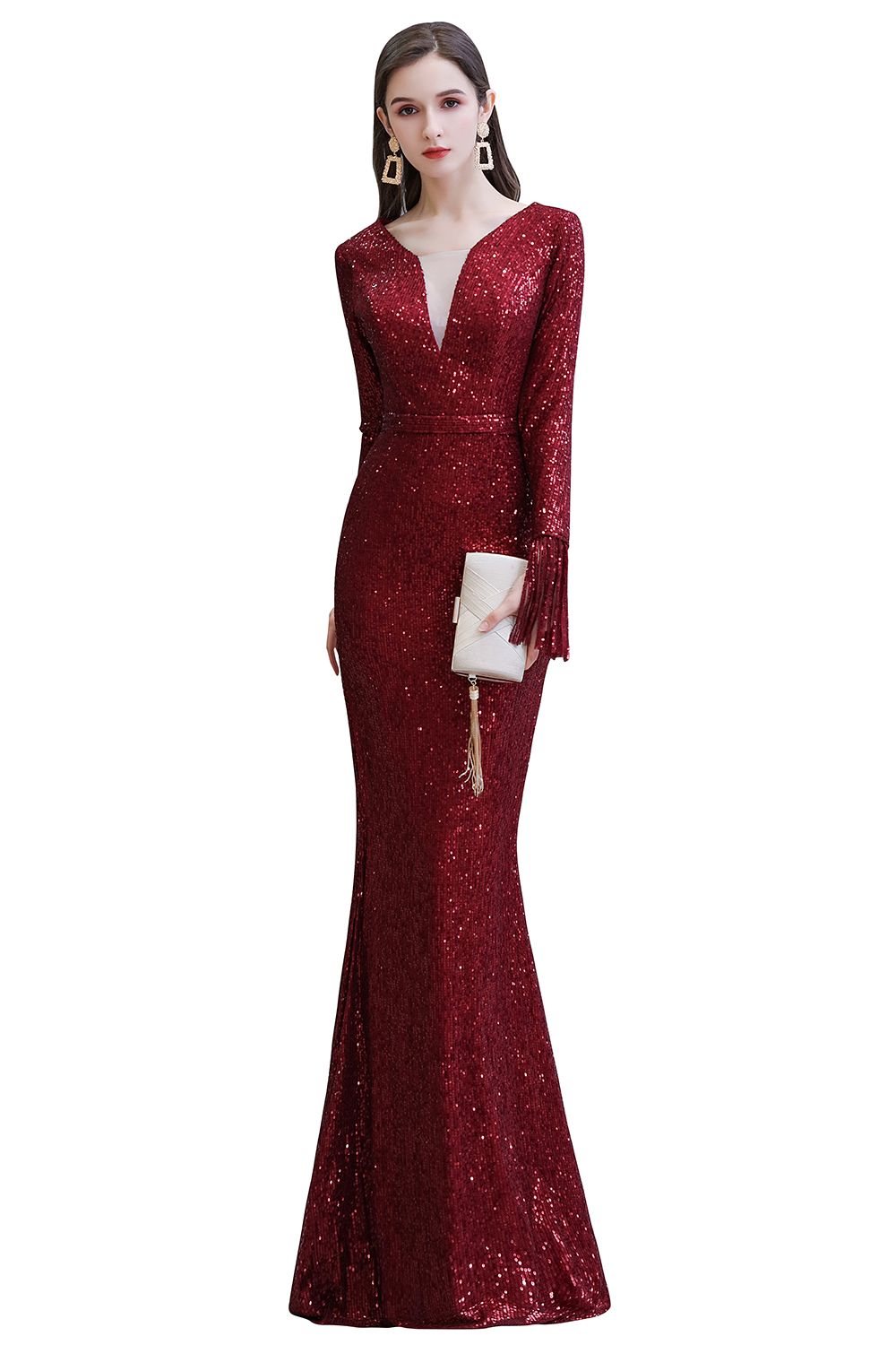 Gorgeous Sequins Long Sleeve V-Neck Mermaid Evening Gowns-27dress