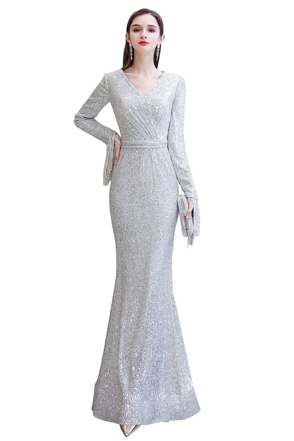 Gorgeous Sequins Long Sleeve V-Neck Mermaid Evening Gowns-27dress