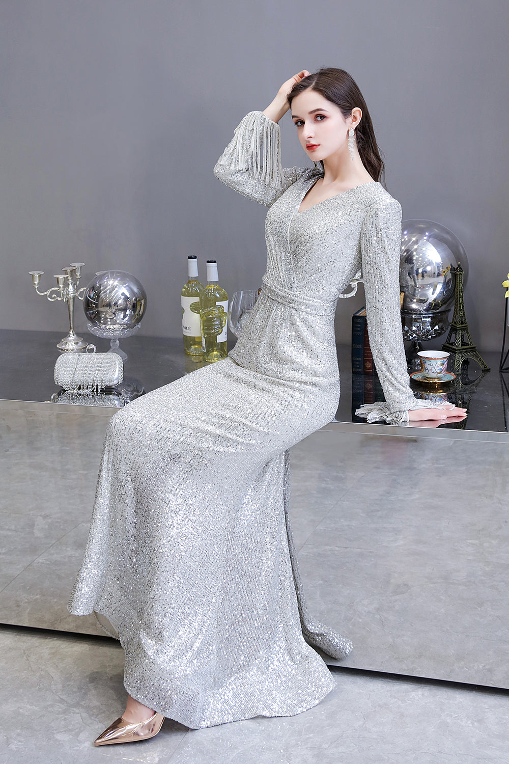 Gorgeous Sequins Long Sleeve V-Neck Mermaid Evening Gowns-27dress