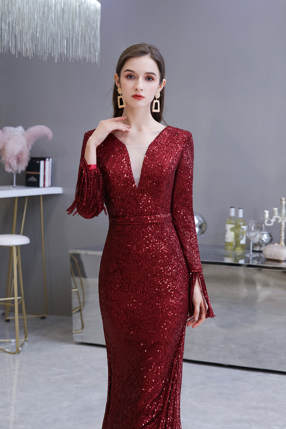 Gorgeous Sequins Long Sleeve V-Neck Mermaid Evening Gowns-27dress