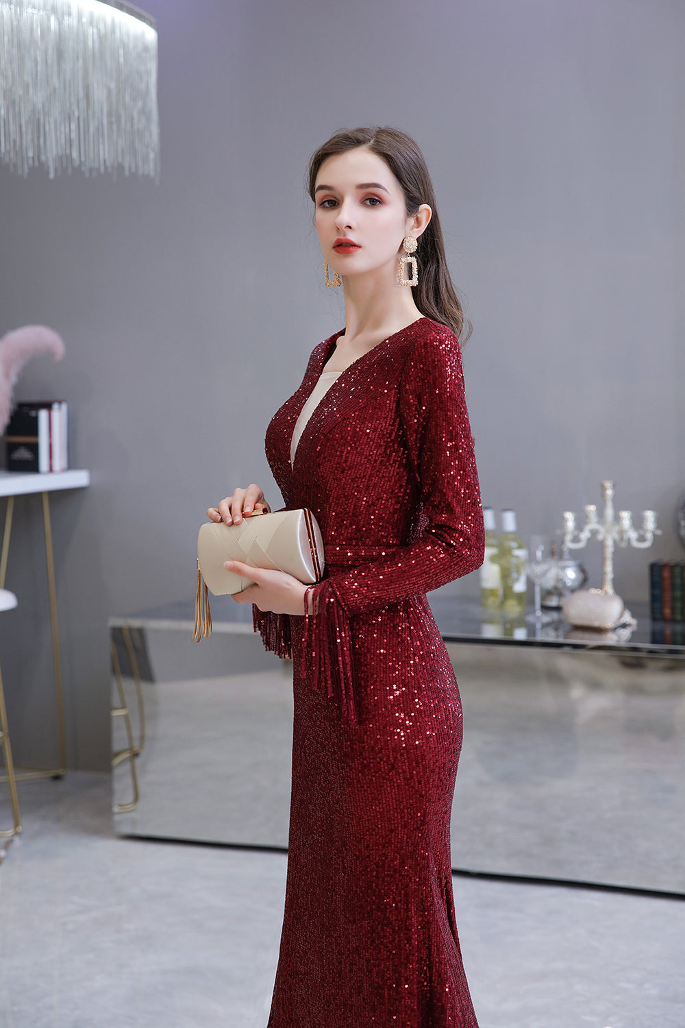 Gorgeous Sequins Long Sleeve V-Neck Mermaid Evening Gowns-27dress