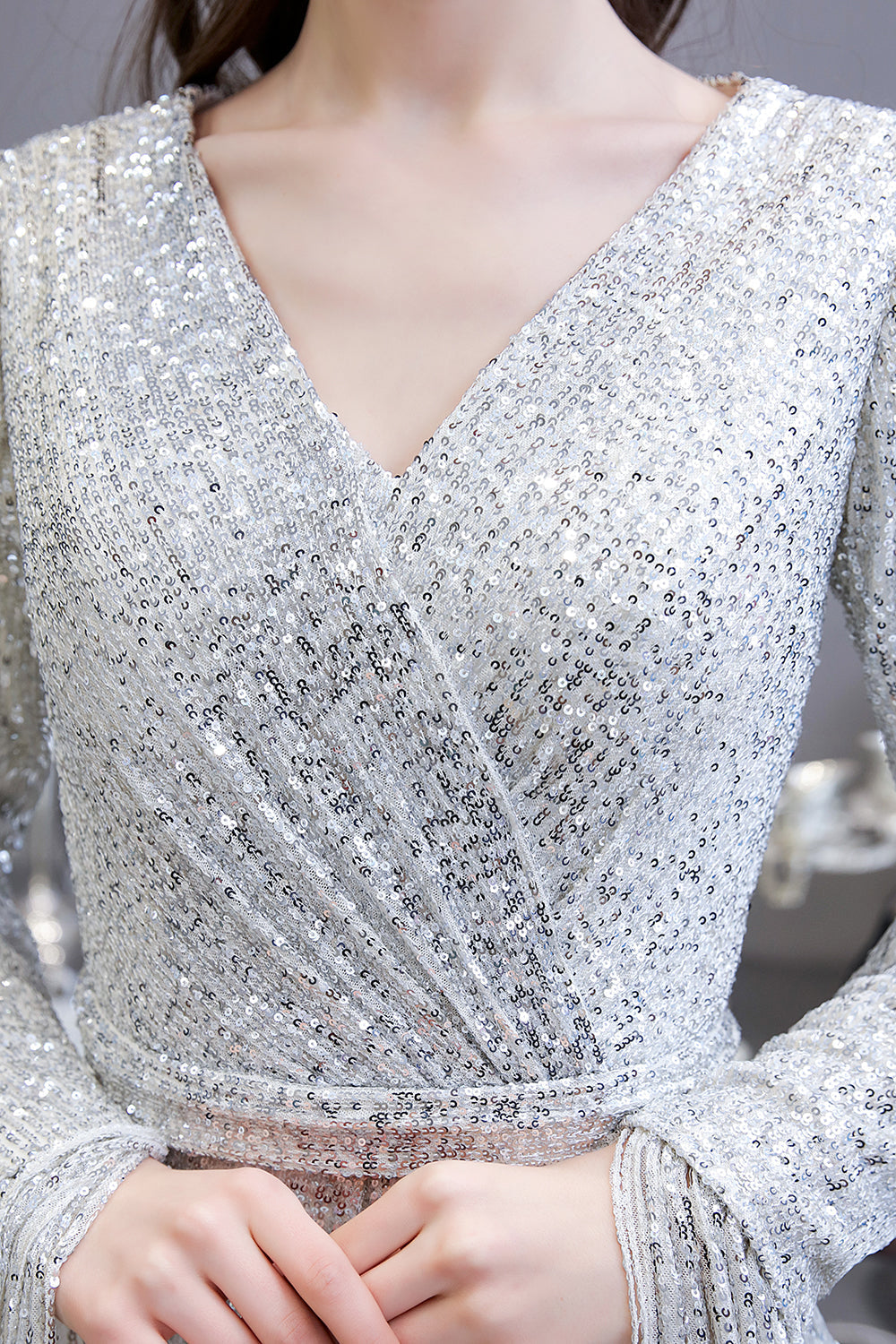 Gorgeous Sequins Long Sleeve V-Neck Mermaid Evening Gowns-27dress