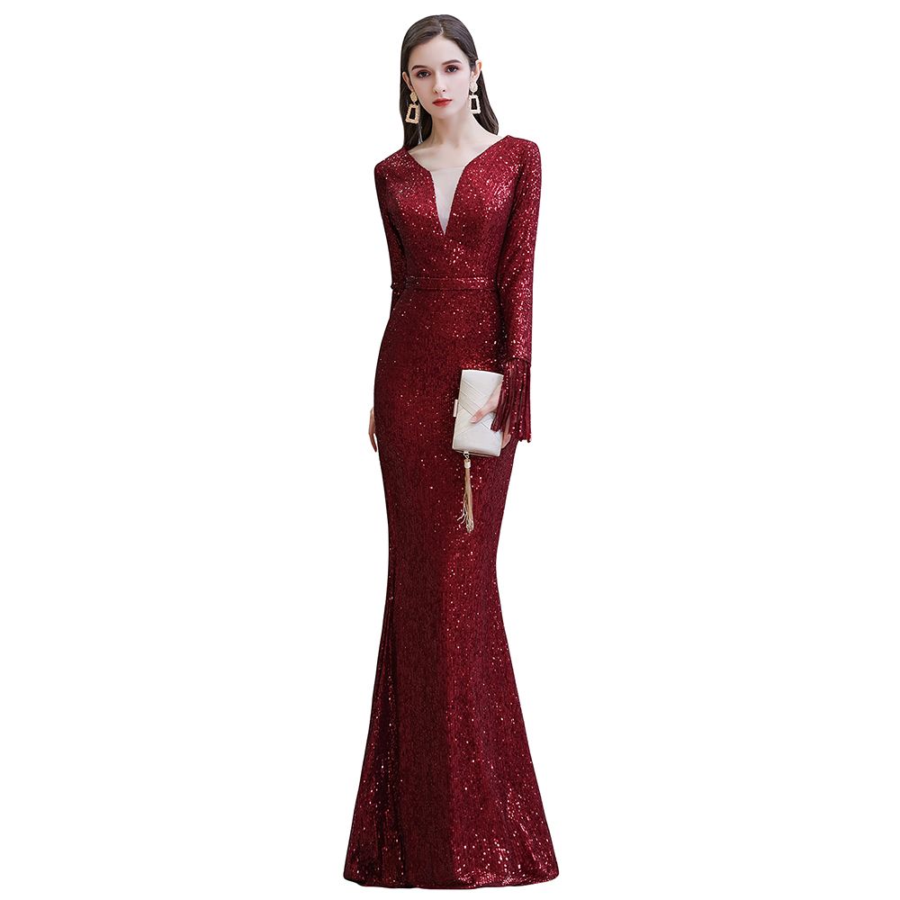 Gorgeous Sequins Long Sleeve V-Neck Mermaid Evening Gowns-27dress