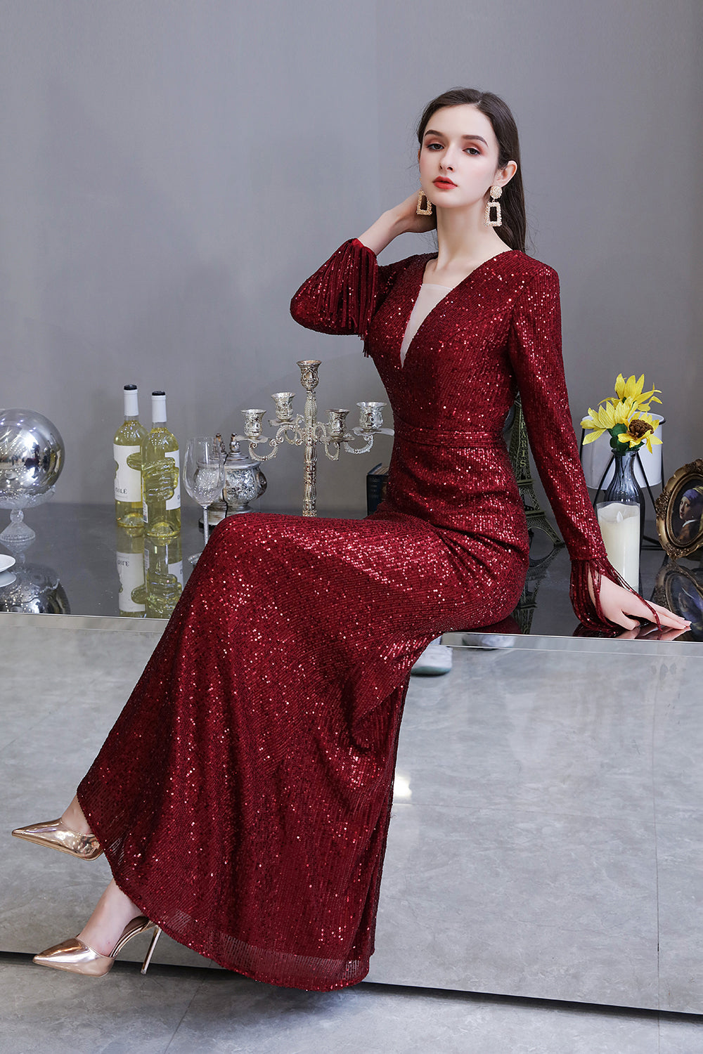 Gorgeous Sequins Long Sleeve V-Neck Mermaid Evening Gowns-27dress