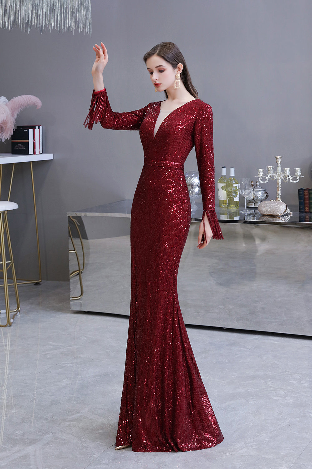 Gorgeous Sequins Long Sleeve V-Neck Mermaid Evening Gowns-27dress