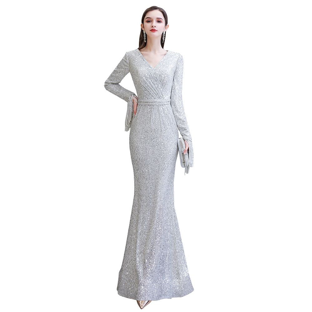 Gorgeous Sequins Long Sleeve V-Neck Mermaid Evening Gowns-27dress