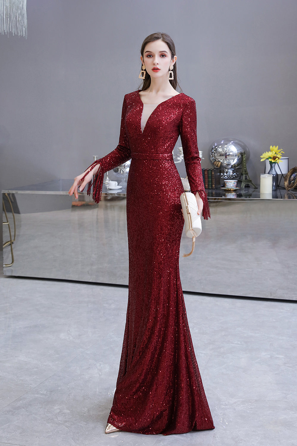 Gorgeous Sequins Long Sleeve V-Neck Mermaid Evening Gowns-27dress