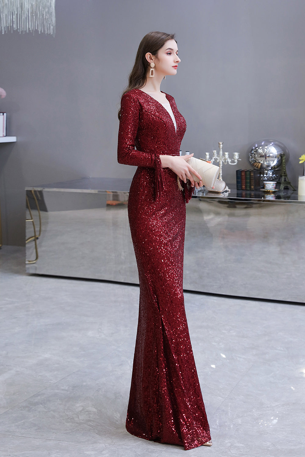 Gorgeous Sequins Long Sleeve V-Neck Mermaid Evening Gowns-27dress