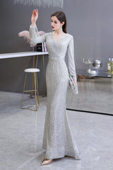 Gorgeous Sequins Long Sleeve V-Neck Mermaid Evening Gowns-27dress
