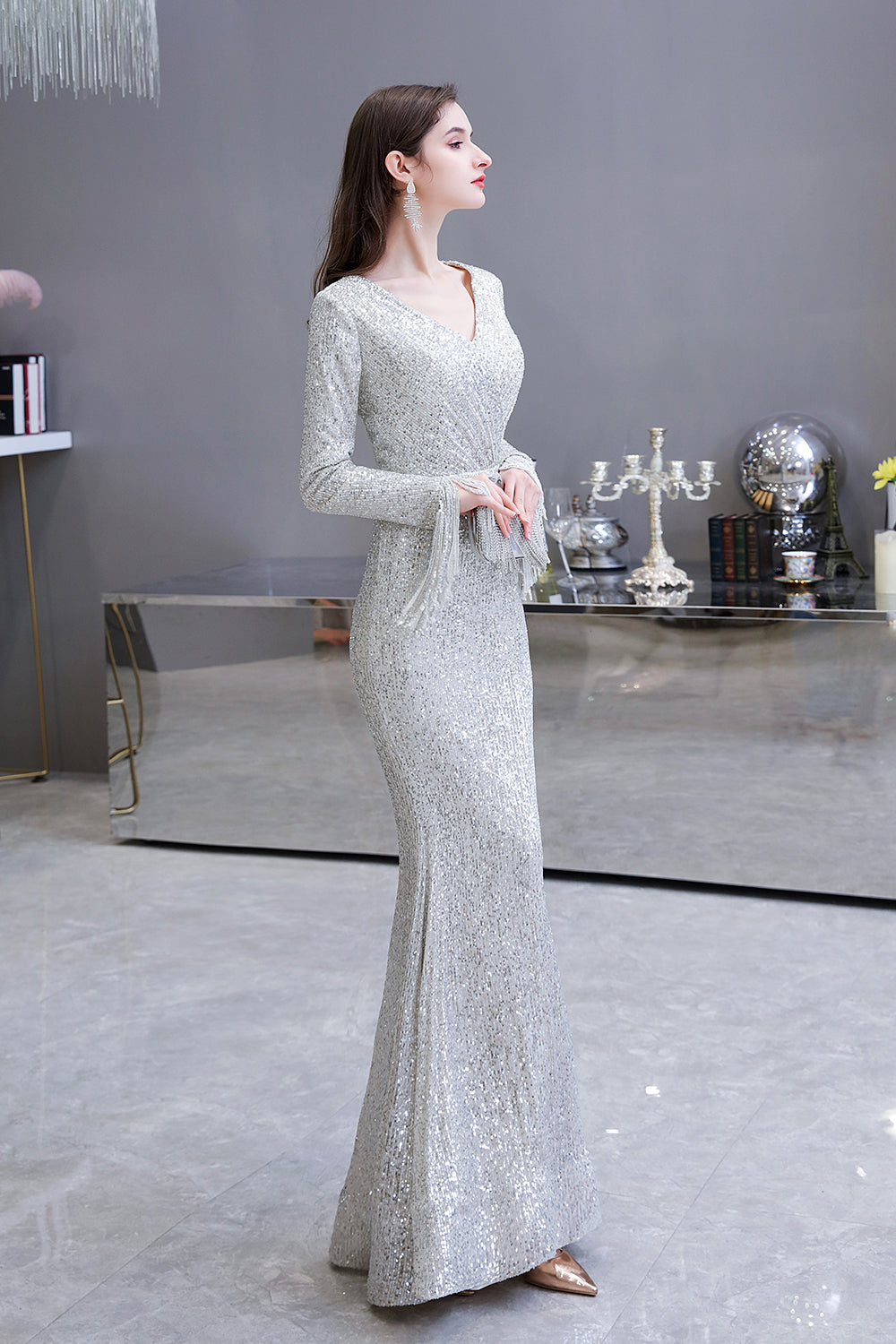 Gorgeous Sequins Long Sleeve V-Neck Mermaid Evening Gowns-27dress