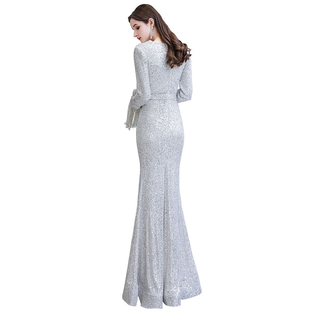Gorgeous Sequins Long Sleeve V-Neck Mermaid Evening Gowns-27dress