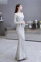 Gorgeous Sequins Long Sleeve V-Neck Mermaid Evening Gowns-27dress