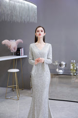 Gorgeous Sequins Long Sleeve V-Neck Mermaid Evening Gowns-27dress
