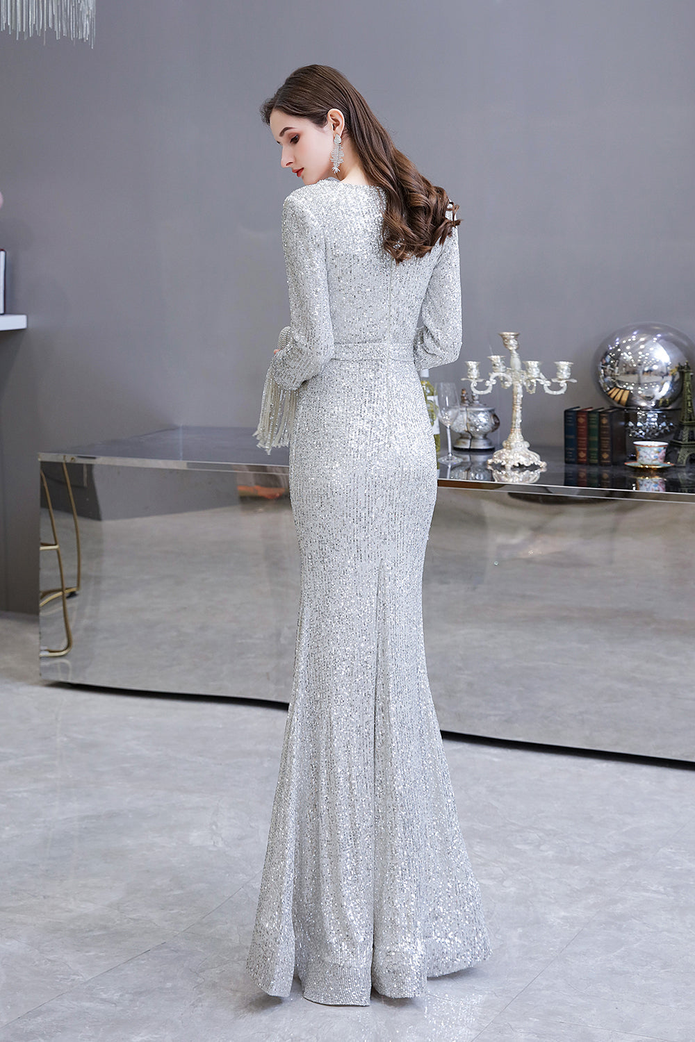 Gorgeous Sequins Long Sleeve V-Neck Mermaid Evening Gowns-27dress