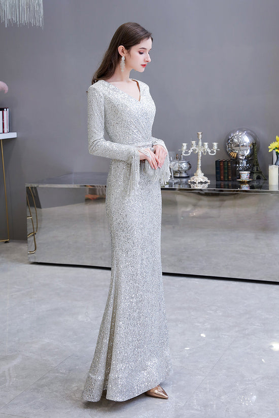 Gorgeous Sequins Long Sleeve V-Neck Mermaid Evening Gowns-27dress