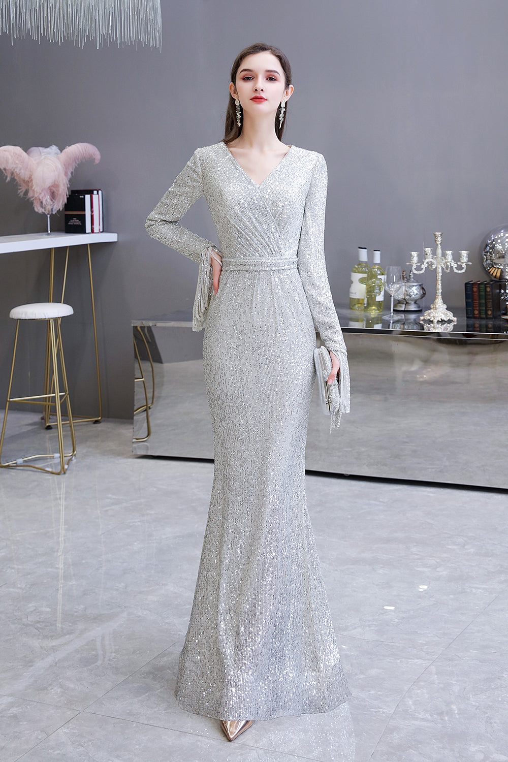 Gorgeous Sequins Long Sleeve V-Neck Mermaid Evening Gowns-27dress