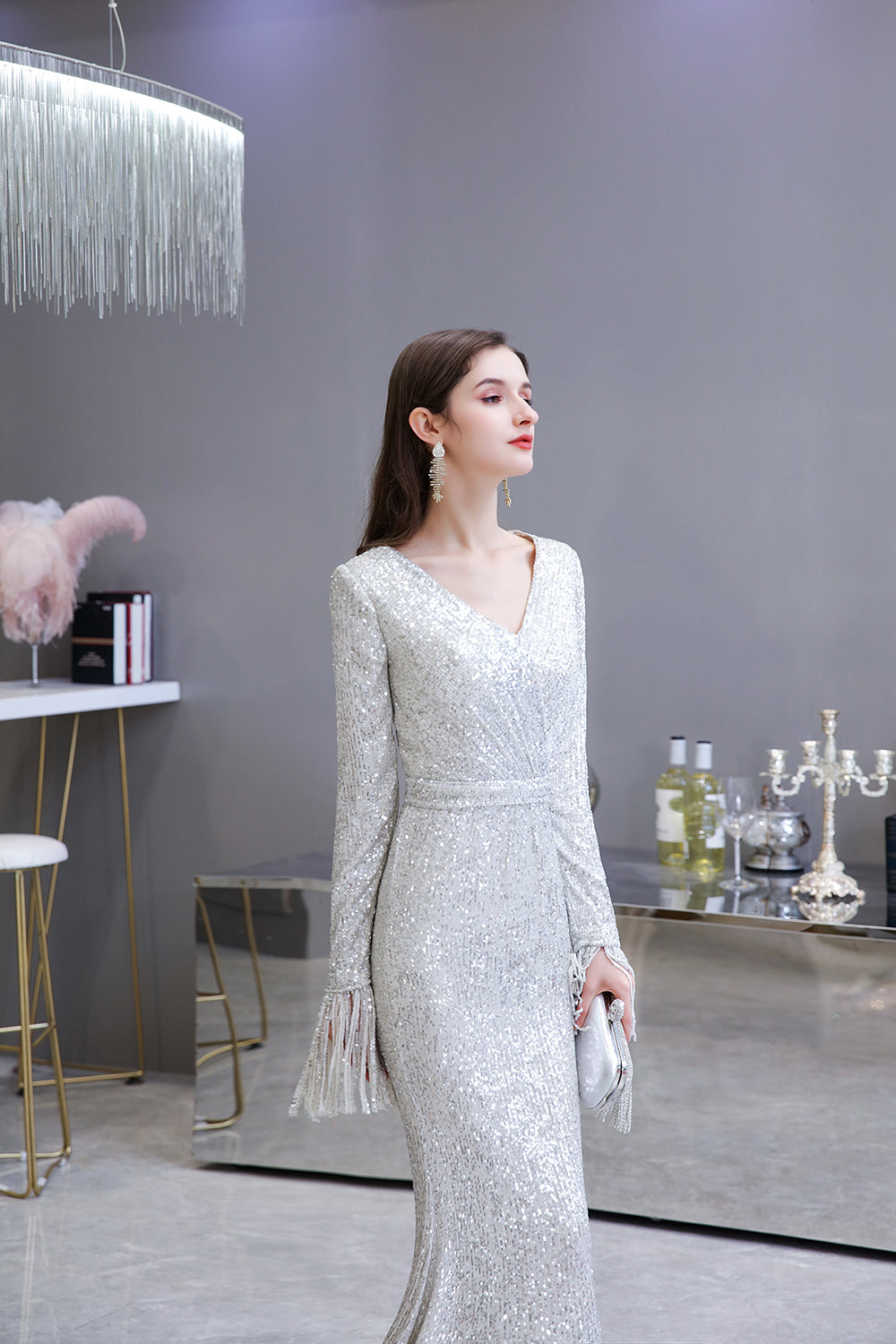 Gorgeous Sequins Long Sleeve V-Neck Mermaid Evening Gowns-27dress