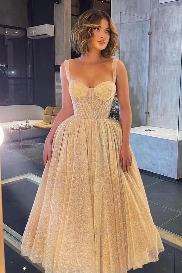 Gorgeous Spaghetti Strap Sweetheart Sequins Prom Dress With Tulle