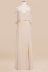 Gorgeous Spaghetti Straps Flounced Crinkle Affordable Bridesmaid Dresses with Slit-27dress