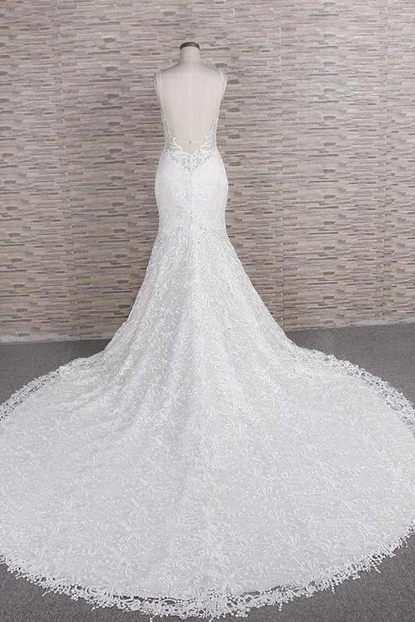 Gorgeous Spaghetti Straps Mermaid Wedding Dresses With Appliques Ivory Sleeveless Bridal Gowns Online-27dress